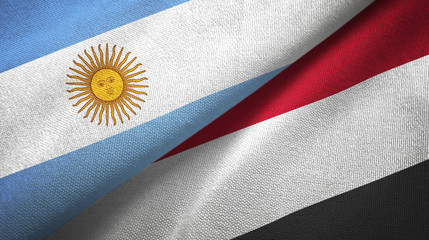 Argentina and Yemen two flags textile cloth, fabric texture