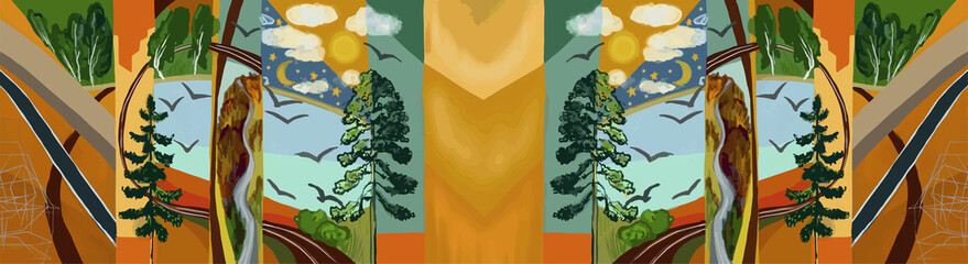 illustration background with theatrical curtain forest with fox background.