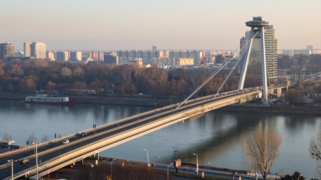 Hyper lapse of SNP bridge (Most SNP or UFO Bridge) in Bratislava, Slovakia