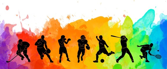 Color sport background. Football, soccer, basketball, hockey, box, tennis, baseball. Vector illustration colorful people silhouettes - obrazy, fototapety, plakaty