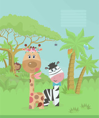 Cover for notebook, exercise book, for notepad, exercise book. Funny Zebra with a giraffe on the nature. Color vector illustration, landscape with palm trees, trees, lion, grass.