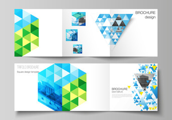 Fototapeta premium The minimal vector editable layout of square format covers design templates for trifold brochure, flyer, magazine. Blue color polygonal background with triangles, colorful mosaic pattern.