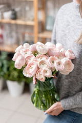 Persian buttercup in glass vases in womens hands. Bunch pale pink. the concept of a florist in a flower shop. Wallpaper. Winter season flowers