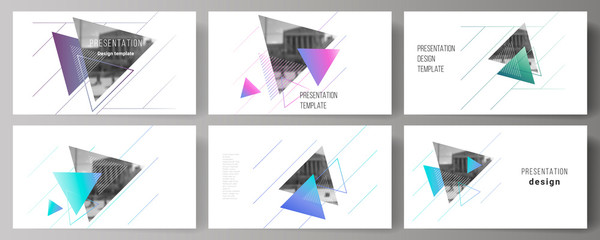 The minimalistic abstract vector illustration of the editable layout of the presentation slides design business templates. Colorful polygonal background with triangles with modern memphis pattern.