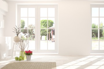 White stylish empty room with summer landscape in window. Scandinavian interior design. 3D illustration