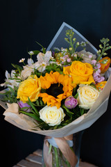 sunflower, mattiola, rose, Tulip, Alstroemeria, pistachio, Narcissus, bouquet, wedding, flowers, flower, rose, roses, white, pink, bridal, floral, bride, love, bunch, marriage, celebration, beautiful,
