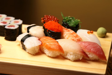 set of real classic Japanese sushi. on a wooden surface