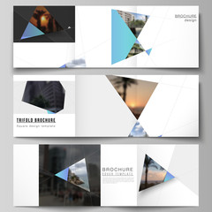 The minimal vector layout of square format covers design templates for trifold brochure, flyer, magazine. Creative modern background with blue triangles and triangular shapes. Simple design decoration