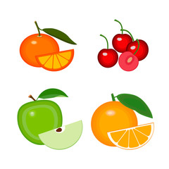 Fruits vector collections. Set of full and half fruits are apple, orange, cherries and tangerine. Illustration isolated on white background