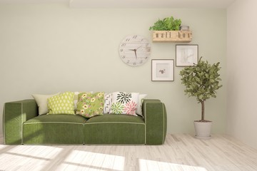 Green stylish minimalist room with sofa. Scandinavian interior design. 3D illustration