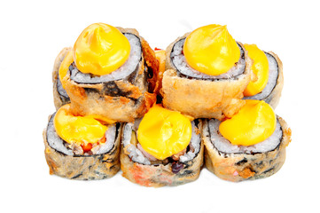 close up of sashimi sushi set, roll with delicious cream