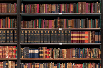 Antique Books on Old Wooden Shelves - obrazy, fototapety, plakaty