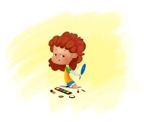 Happy smiling little girl character trying mom cosmetics.