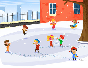 Cute children playing. Winter child's outdoor activities