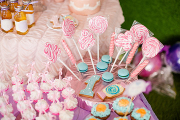 Candy bar for the first birthday for little baby girl or boy. Sweet table and nice pink and blue biscuits on pink table, white marshmallows and pink and white lolly-pops.