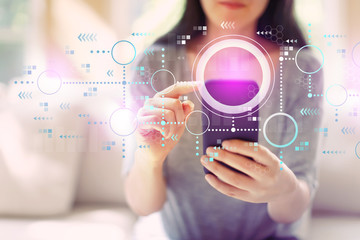 Connected circles chart with woman using her smartphone in a living room