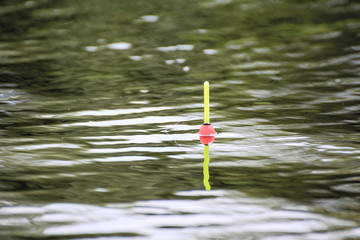 a red-yellow float sticks out above the water