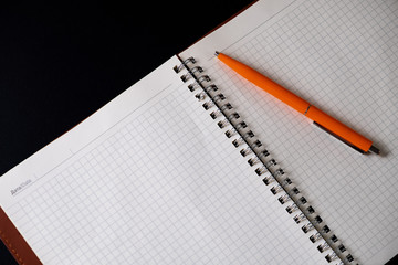 Workplace with a large notebook, a ballpoint pen and a computer