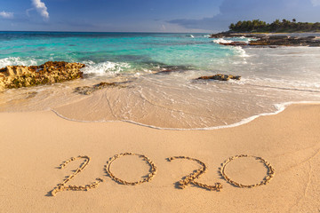 Year 2020 at Caribbean Sea beach in Mexico