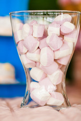 Large vase of small pink and white marshmallows. Birthday candy bar for kids