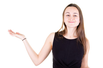 cute pretty young woman smiling and holding copyspace on palm