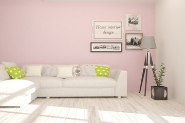 Pink stylish minimalist room with sofa. Scandinavian interior design. 3D illustration