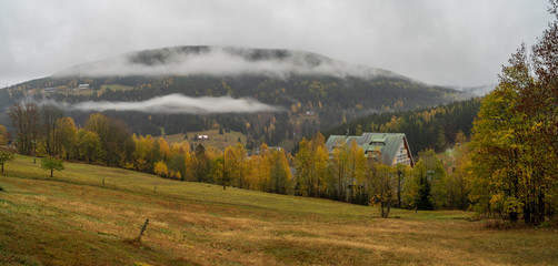 Mountains in the colors of autumn. Spindleruv Mlyn. Czech. Giant Mountains (Krkonose) - are a mountain range located in the north of the Czech Republic.