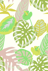 Floral seamless pattern made of tropical Monstera leaves, Flamingo flower and exotic foliage. Delicate colors palm leaves. Backdrop for wallpaper, fabric, textile, texture, wrapper or surface.