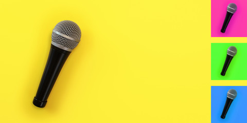 Top down view, microphone on yellow board with space for text on right. Background colour can be easily changed with hue/saturation tool. © Lubo Ivanko