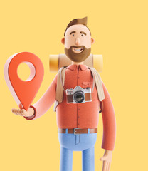 Cartoon character tourist stands with a large map pointer in his hands. 3d illustration.