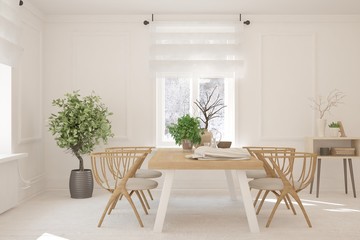 Fototapeta na wymiar White stylish minimalist dinner room with winter landscape in window. Scandinavian interior design. 3D illustration
