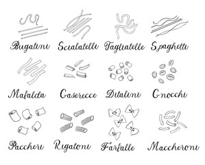 Hand drawn large set of different types of Italian pasta. Vector linear illustration.