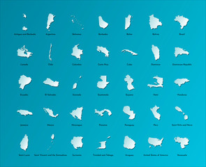 Vector illustration set with simplified maps of all South, North and Cental American states (countries). Light blue silhouettes, blue background. Alphabet order