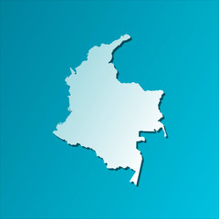Vector isolated illustration icon with light blue silhouette of simplified map of Colombia. Bright blue background with shadow
