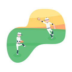 Vector Illustration. Set of baseball  cartoon players: catcher, pitcher in modern flat style. Baseball equipment icon. Baseball characters team. Game moments