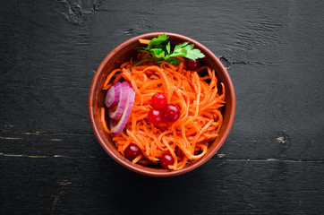Carrot Salad. Carrot in Korean. Top view. Free space for your text.