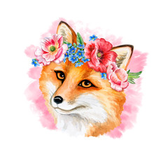 Portrait of a fox in a flower wreath isolated on a white background. Cute animal watercolor illustration. Hand painted. Template. Close-up. Clip art. Hand drawn.