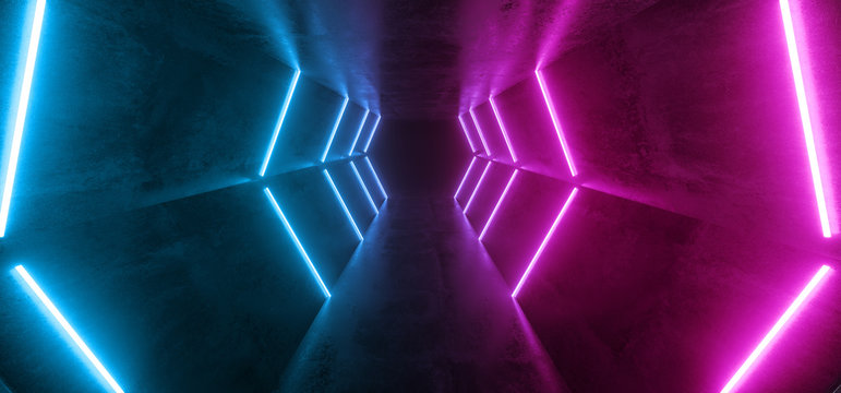 Neon Glowing Retro Futuristic Sci Fi Dance Fluorescent Luxurious Luminous Lines Blue Purple Lights In Empty Dark Stage Alien Corridor Tunnel Grunge Concrete 3D Rendering © IM_VISUALS