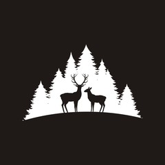 Silhouette of a deer with horns and forest