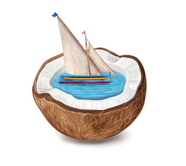 Ship, sailboat inside coconut. Tropical composition with a fruit cocktail. Relistic Broken nut. Watercolor. Illustration. Template. Hand drawing. Close-up. Clip art. Digital art