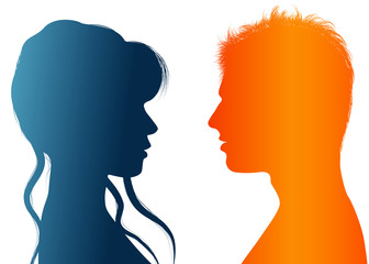 Vector Silhouette of colored profile. Talking between a man and a woman. Dialogue between people. Communication between businesswoman and businessman. Discussing between couple