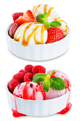 Ice cream with berries and mint leaves in a bowl on a white background