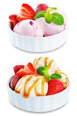 Ice cream with berries and mint leaves on a white background