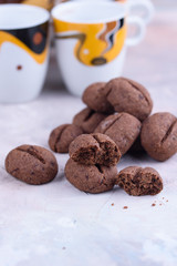 Delicious and fragrant coffee in the form of coffee, with coffee beans, and small coffee cups