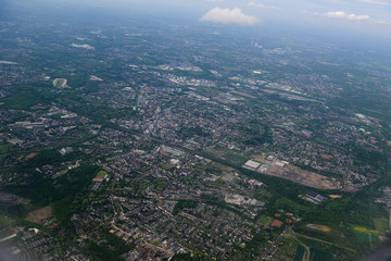Fabulous panoramic view from airplane, Essen, Germany, flying airplane.