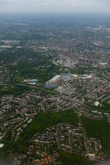 Fototapeta na wymiar Fabulous panoramic view from airplane, Essen, Germany, flying airplane.
