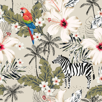 Tropical zebra animal, macaw parrot, hibiscus flowers, palm leaves, trees, beige background. Vector seamless pattern illustration. Summer beach floral design. Exotic jungle plants. Paradise nature