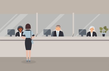 Bank office interior:Bank employees sit behind a barrier with glass and serve the Bank customers.Elegant interior financial institution.Female client stands near the Bank counter. Vector illustration