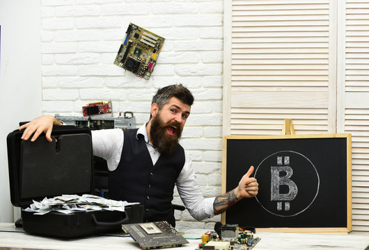 Bitcoin for business. Bearded man with cash money. Bearded hipster with bitcoin symbol and dollars. Business man in server room. From paper money to crypto currency. A bitcoin business that works