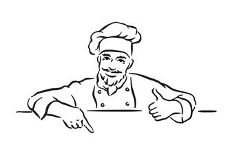 Monochrome vector  illustration of whiskered chef isolated on white background